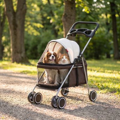 Pet stroller with a dog and cat inside