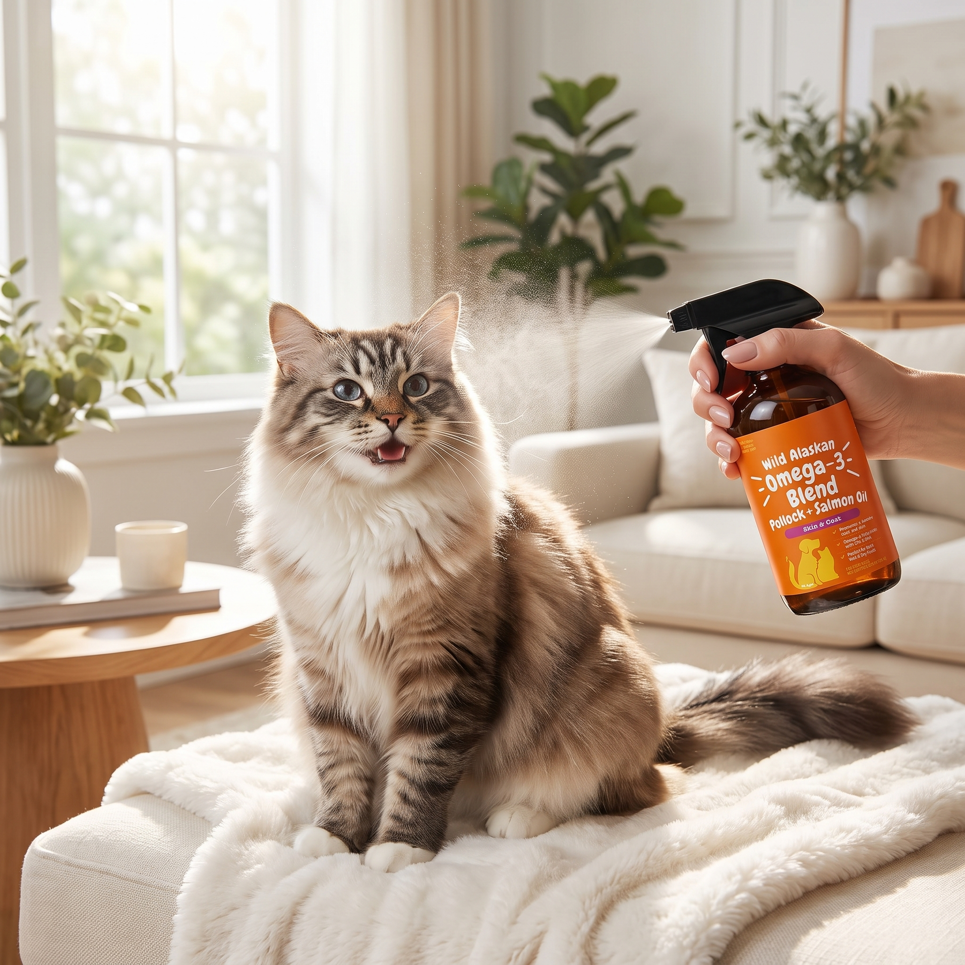 Nourishing spray applied to a fluffy cat