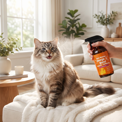 Nourishing spray applied to a fluffy cat