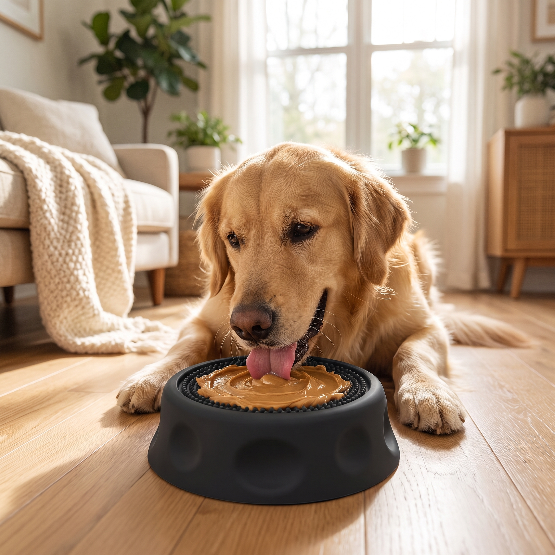Dog licking a slow-feeder mat