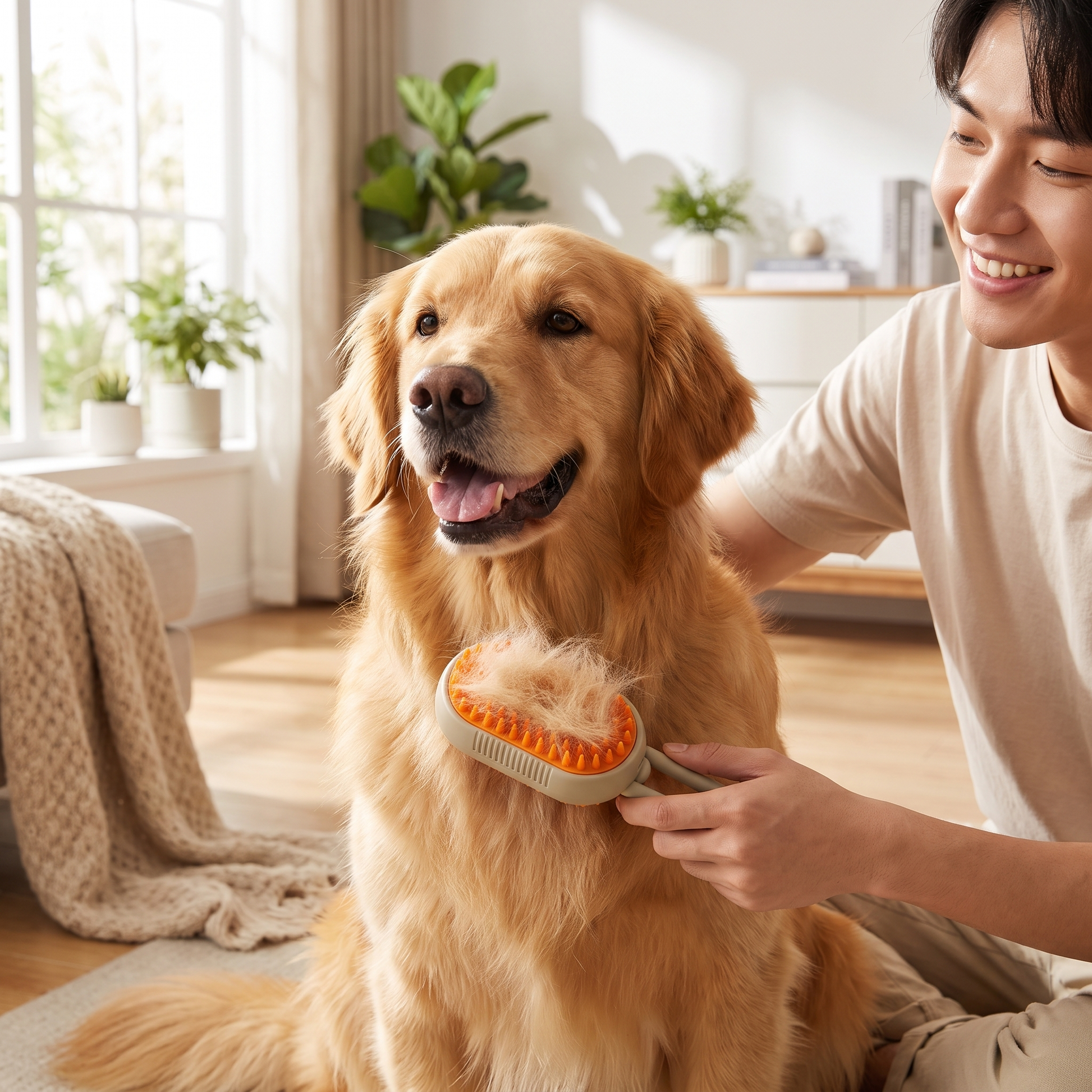 Brushing a fluffy dog with a deshedding brush