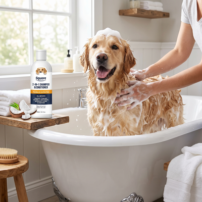 Dog being bathed with foamy pet shampoo