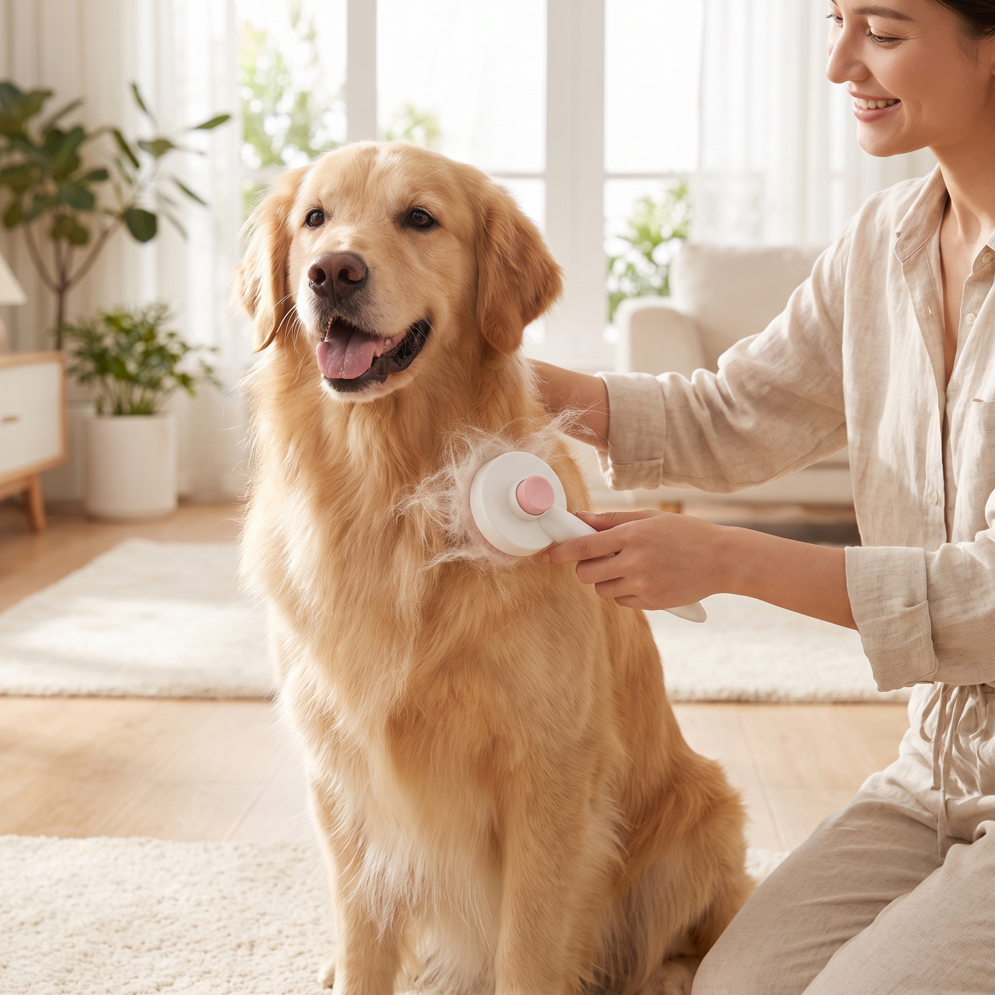 Combing a fluffy dog with a steel pet comb