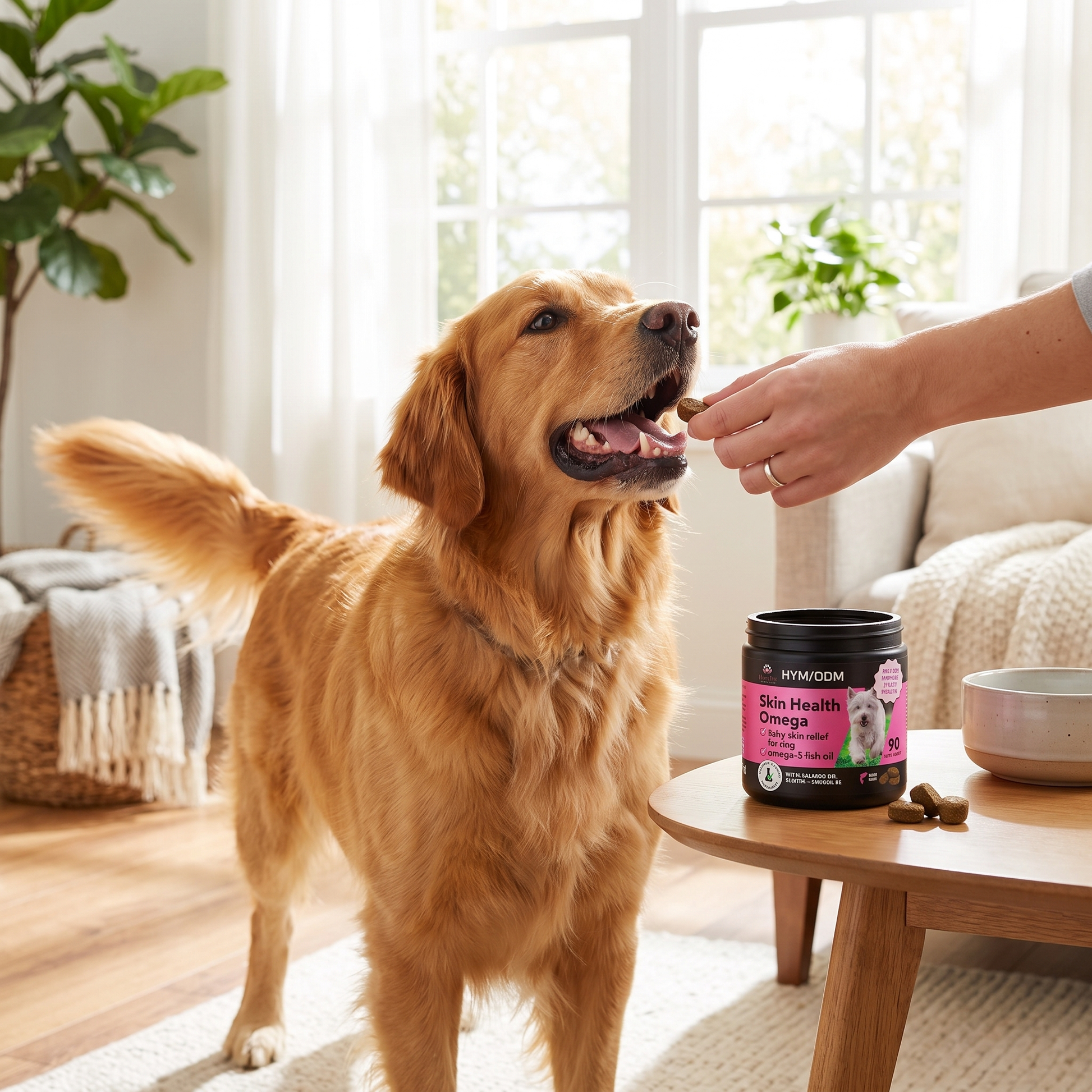 Dog taking a dental chew treat