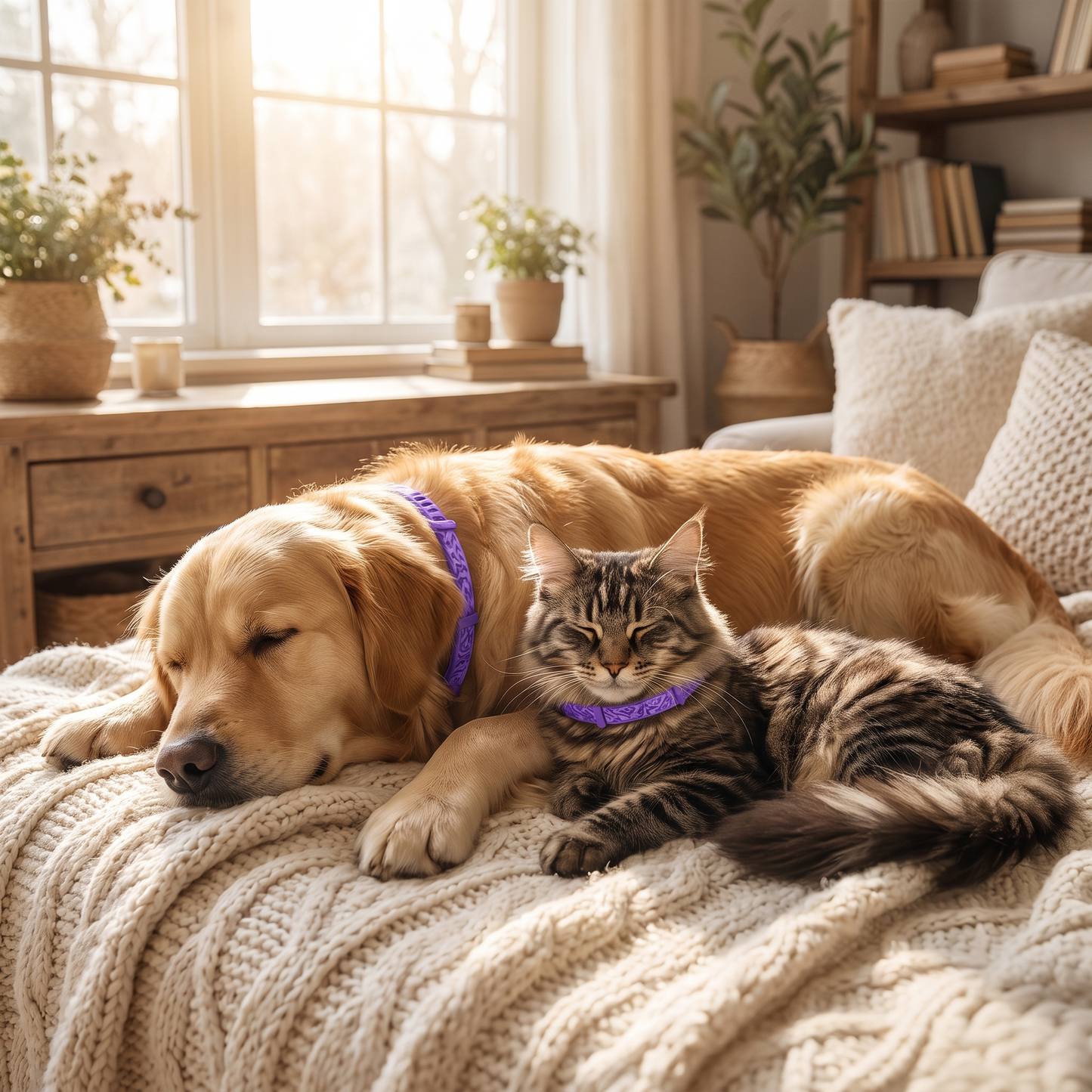 Relaxed dog and cat wearing calming collars