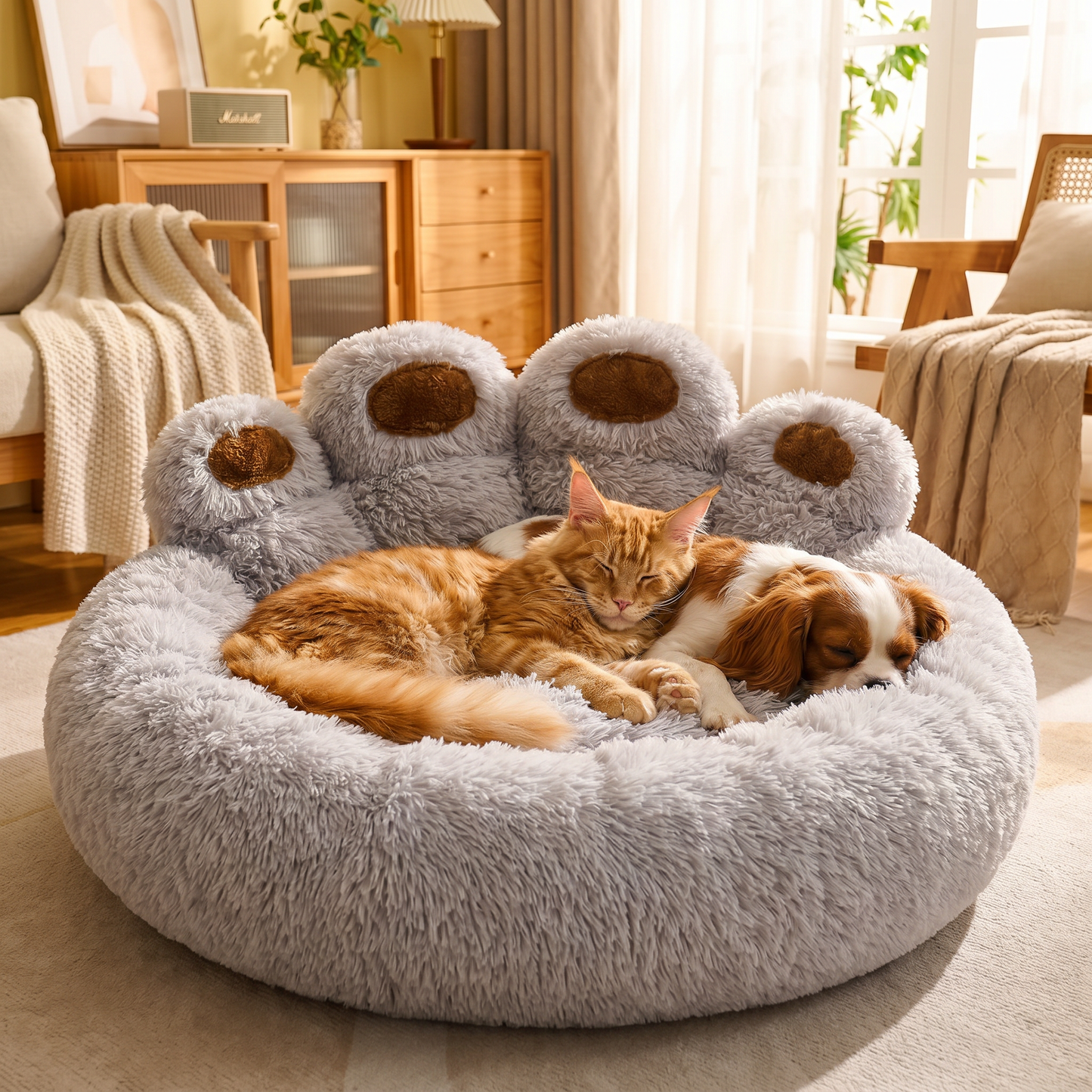 Cat and dog sleeping in a round plush bed