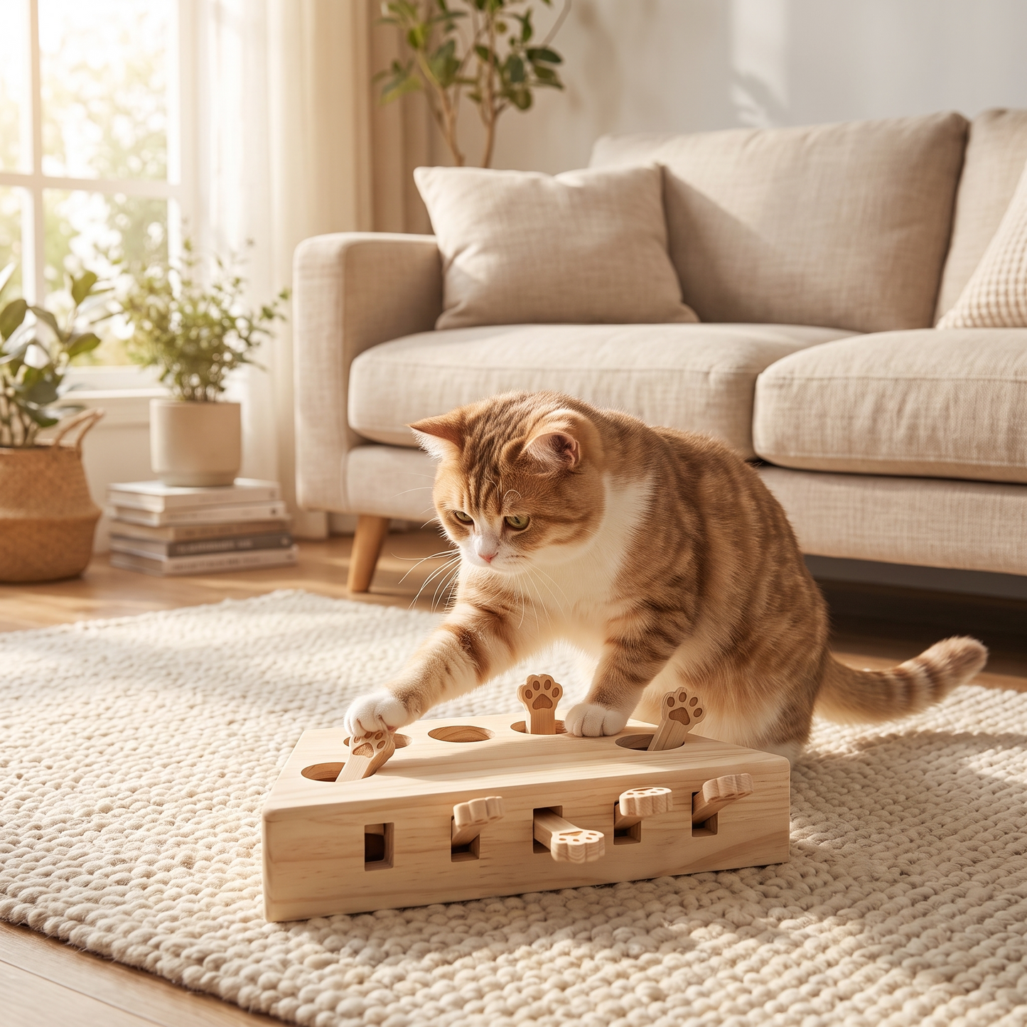 Cat playing with a whack-a-mole scratcher toy