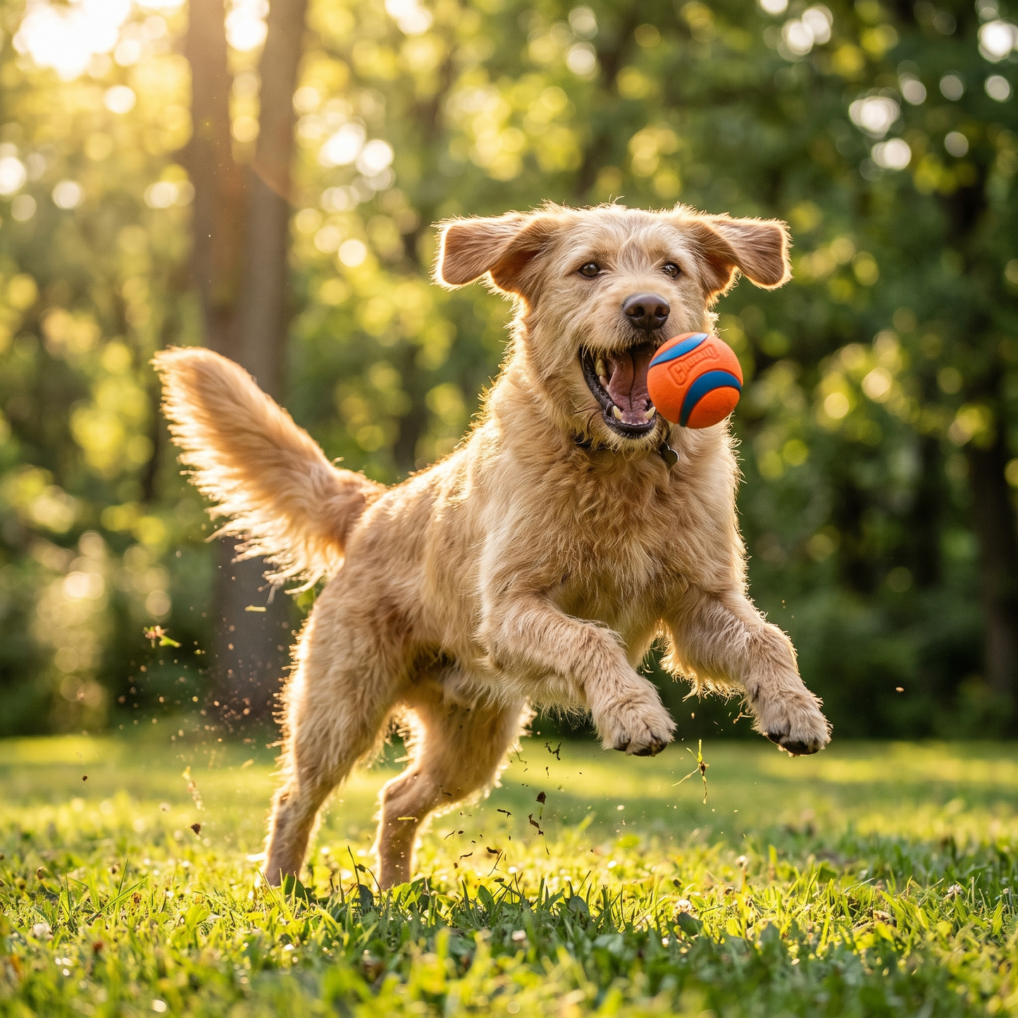 Dog playing fetch with a rubber ball in a park