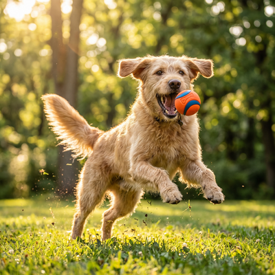 Dog playing fetch with a rubber ball in a park