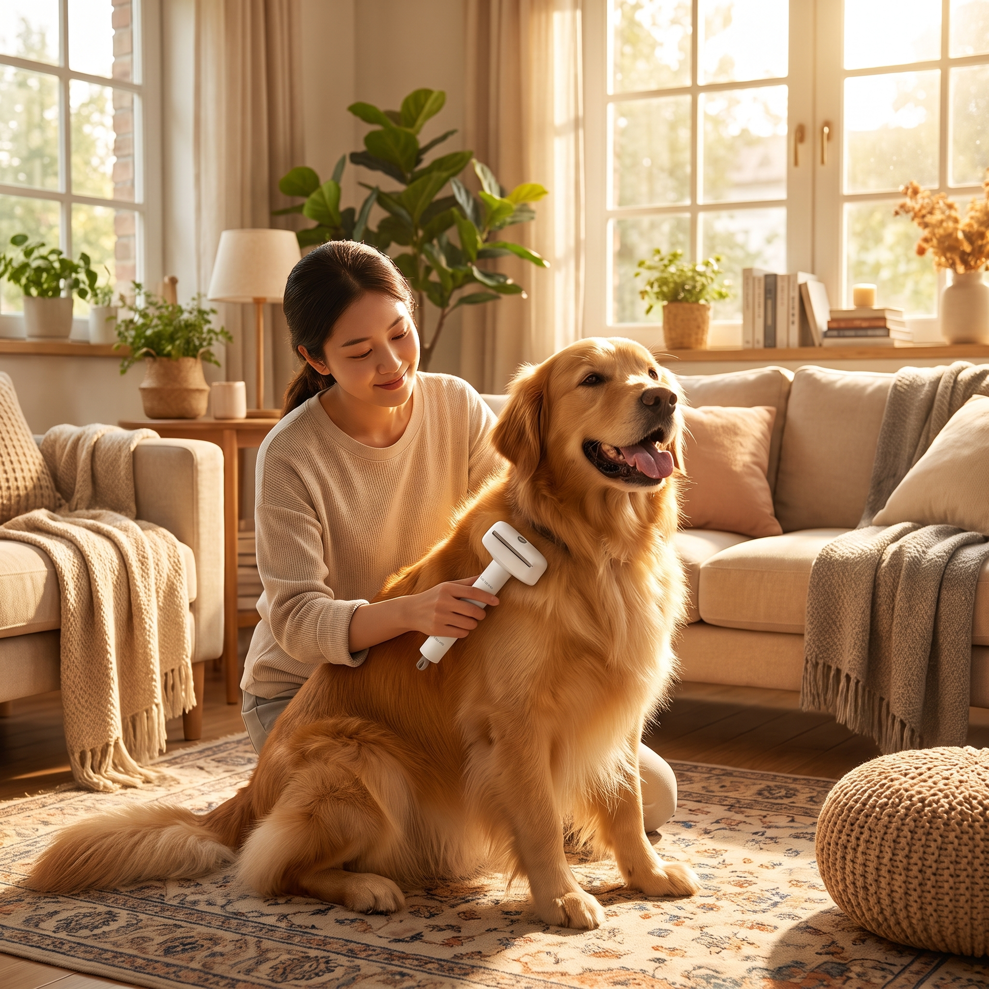 Grooming a dog with stainless steel pet brush