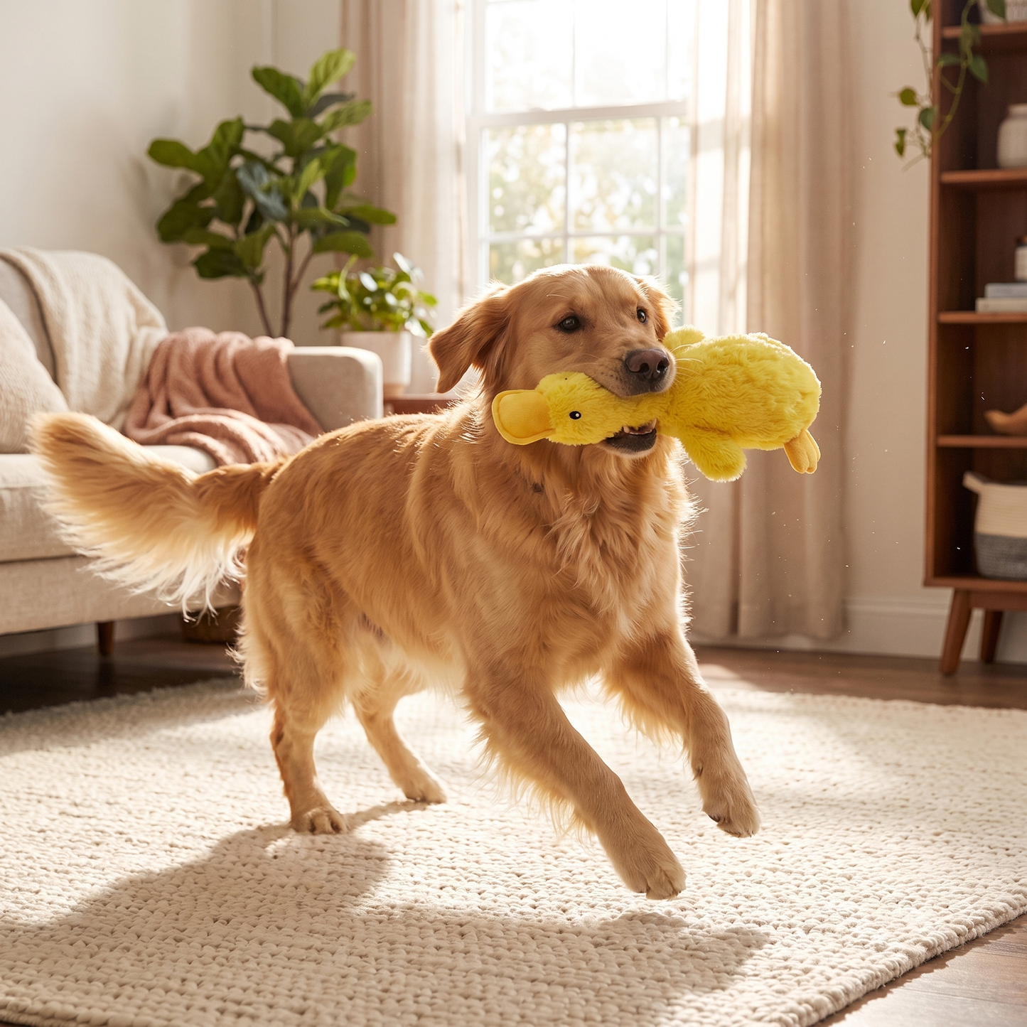 Dog playing with squeaky duck plush toy
