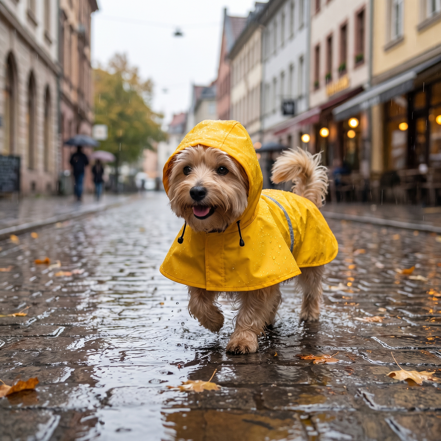 Dog wearing yellow hooded raincoat in the rain