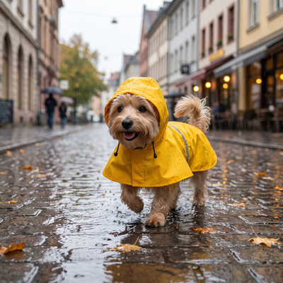 Dog wearing yellow hooded raincoat in the rain