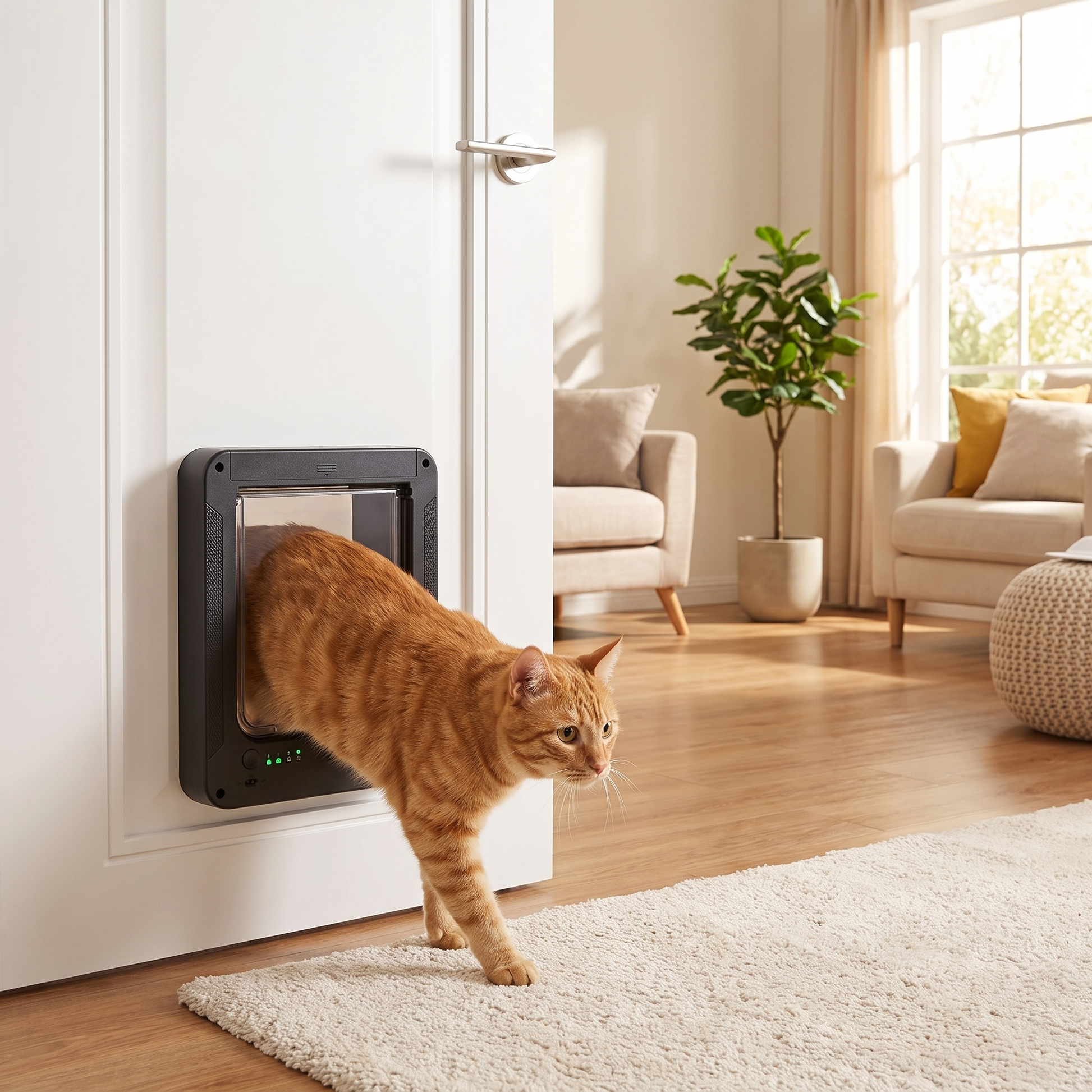 Cat using automatic sensing pet door