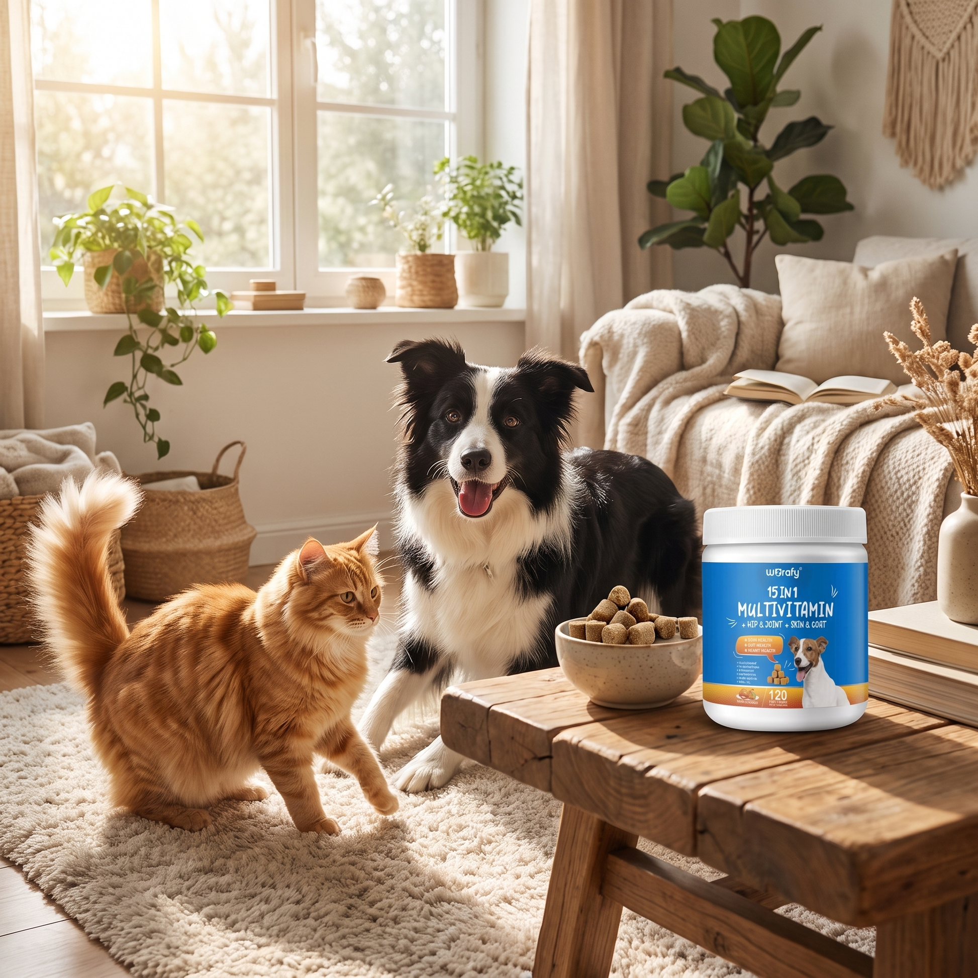 Healthy dog and cat with pet vitamin supplement