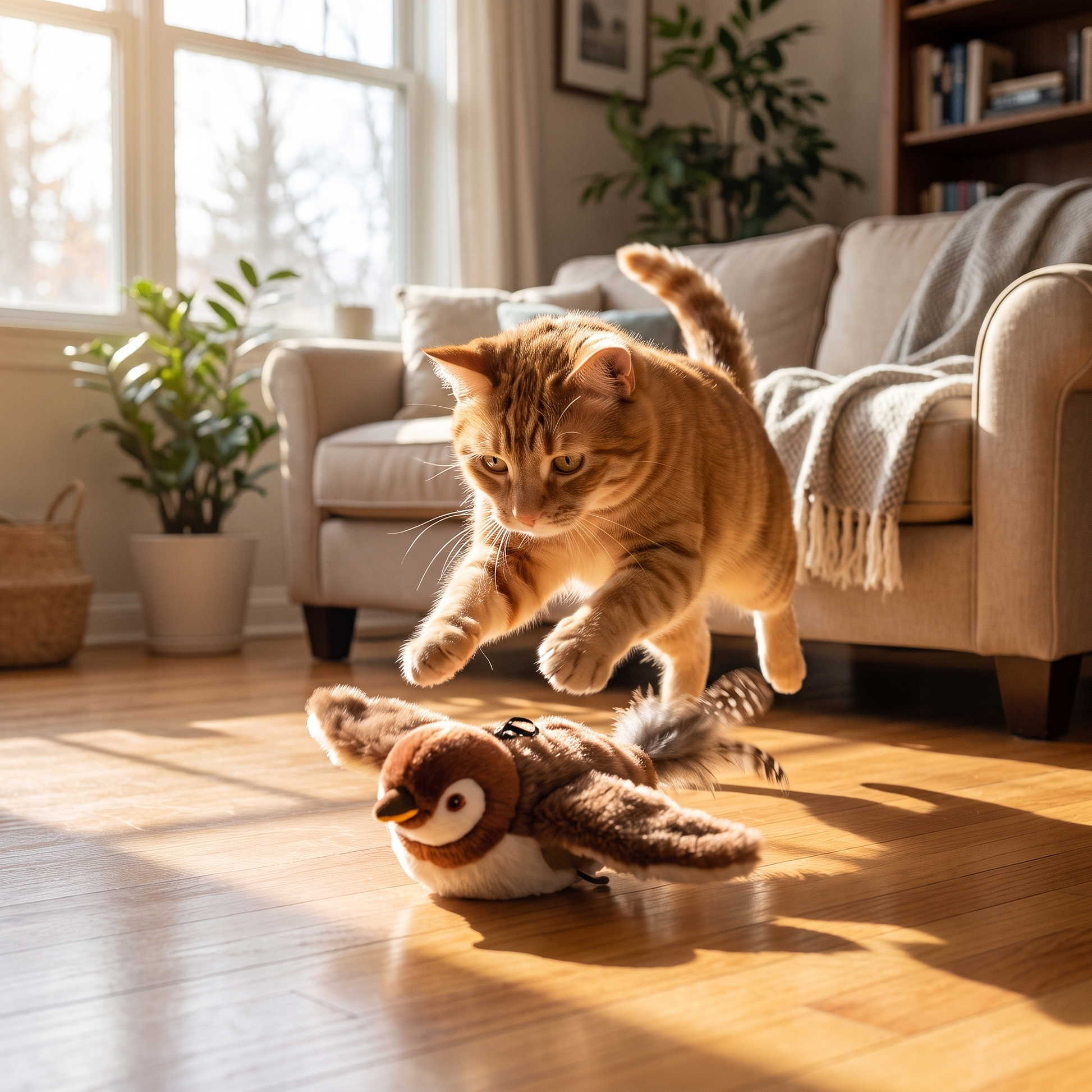 Cat pouncing on electric chirping bird toy