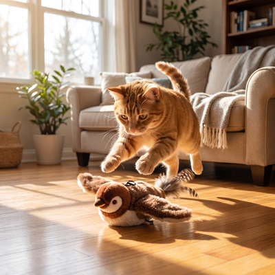 Cat pouncing on electric chirping bird toy