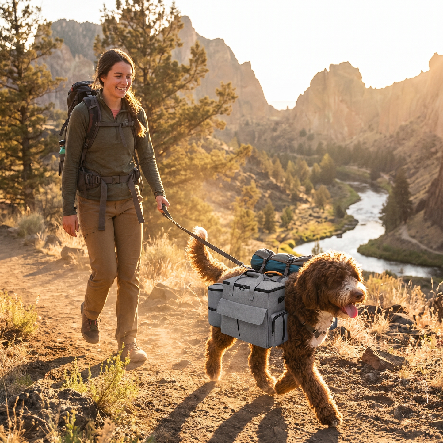 Hiking with a dog using the travel backpack set