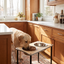 Dog eating from a raised bowl stand