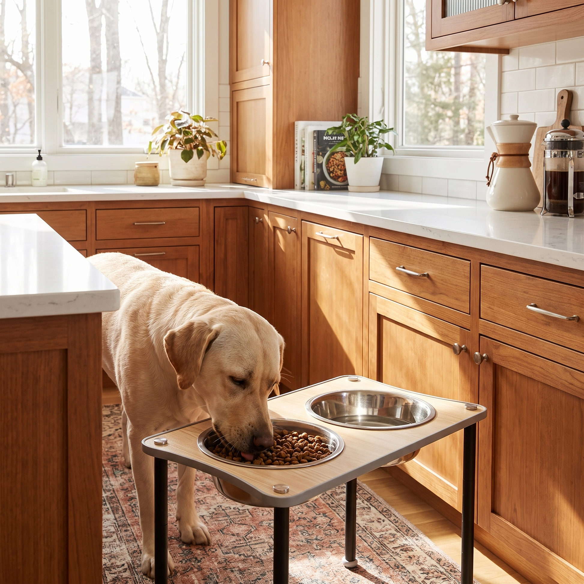 Dog eating from a raised bowl stand