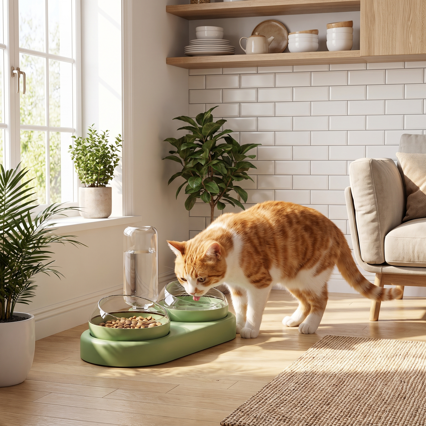 Cat drinking from gravity pet feeder station