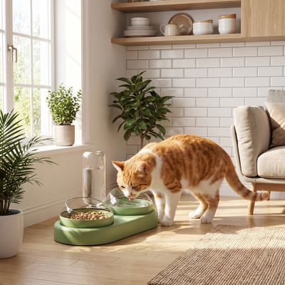 Cat drinking from gravity pet feeder station