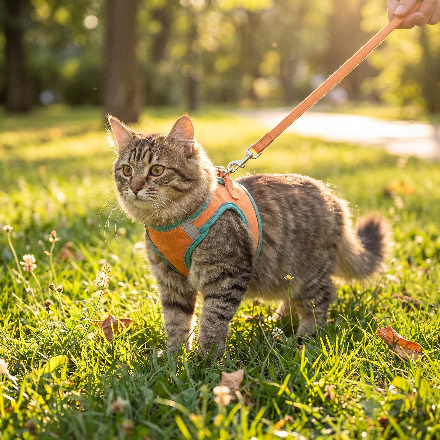 Cat wearing vest harness and leash outdoors