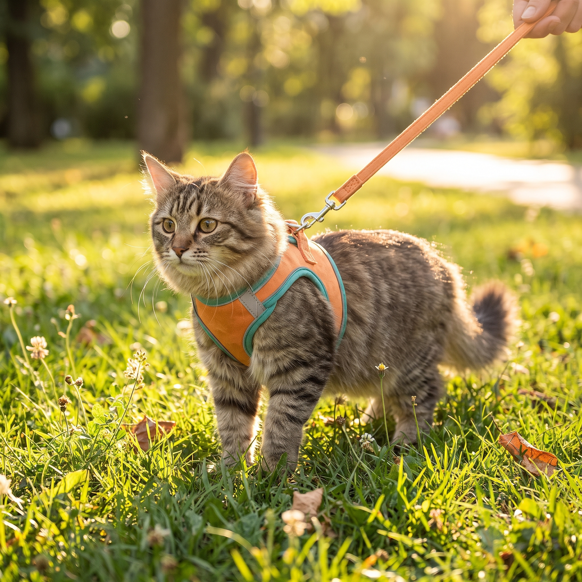 Cat wearing vest harness and leash outdoors