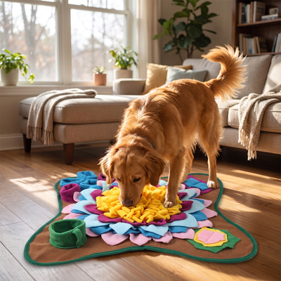 Dog foraging for treats in a snuffle mat at home