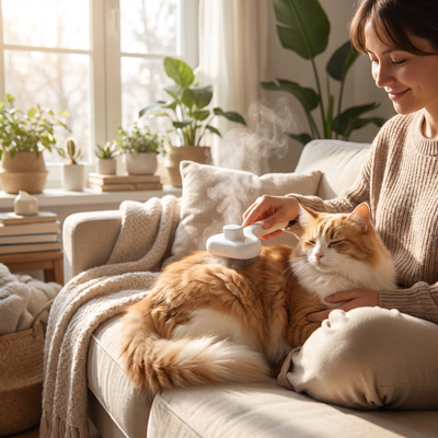 Brushing a fluffy cat with a steam grooming brush