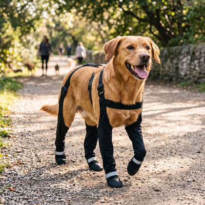 Dog wearing non-slip protective shoes outdoors