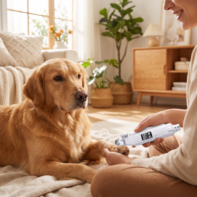 Grinding a calm dog's nails with an electric grinder